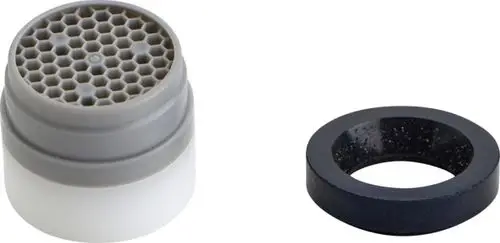 Luftsprudler von Ideal Standard für Handbrause, bestehend aus zwei Teilen: einem runden, grauen Aufsatz mit Wabenstruktur und einem schwarzen Dichtungsring.